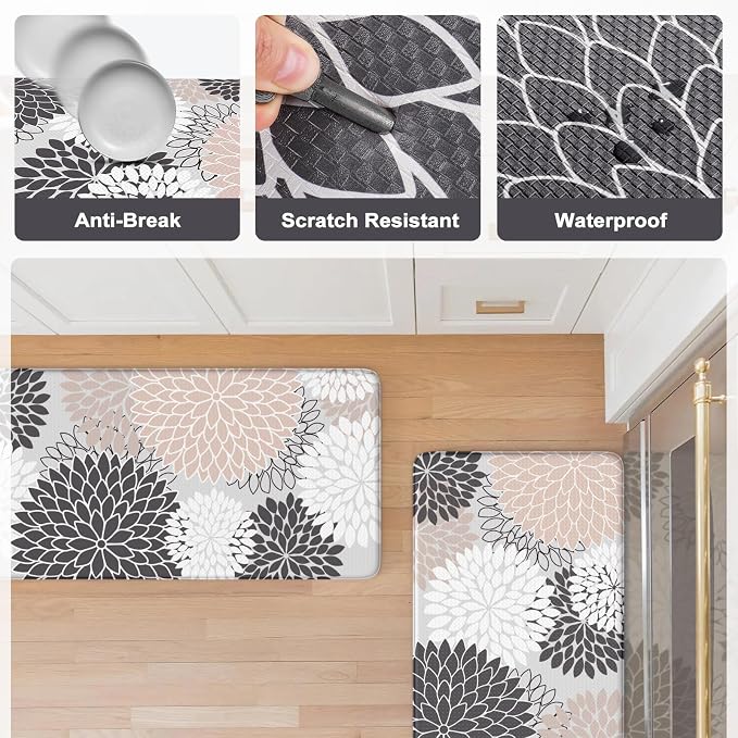 Kitchen Rugs and Mats Cushioned Anti Fatigue Kitchen Mat 2PCS Non-Skid Waterproof Boho Kitchen Runner Rug Comfort Foam Standing Mat for Office,Laundry,Kitchen Sink,Grey Floral