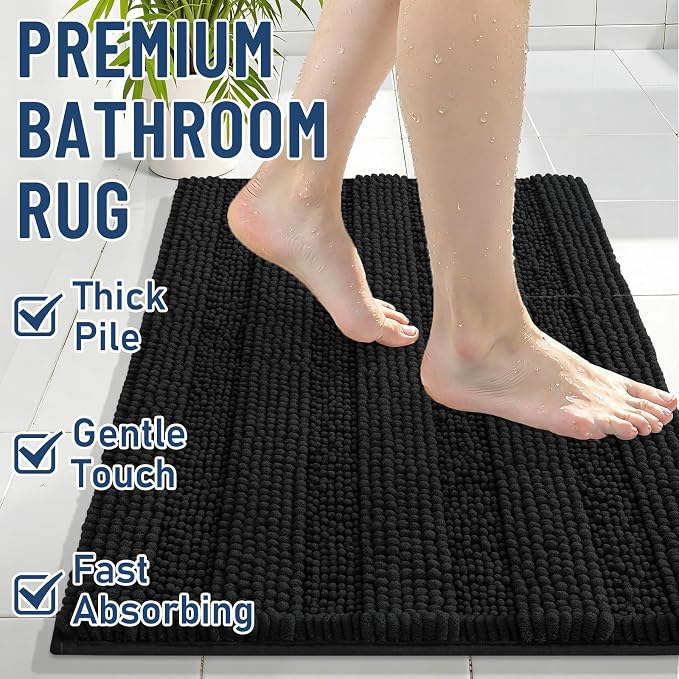 Grandaily Chenille Striped Bathroom Rugs 40x32, Extra Thick and Soft Absorbent Bath Mats, Rubber Backing, Plush Shaggy Shower Carpet, Machine Wash Dry, Bath Rug for Bathroom, Deep Black