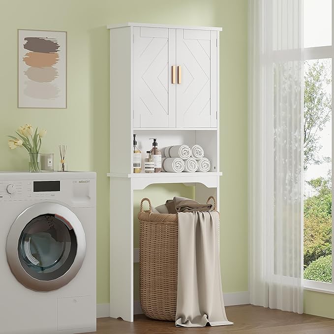VECELO Over The Toilet Storage Cabinet, Over Toilet Bathroom Shelf with Double Doors and Anti-Tip Device, Inner Adjustable Shelf, White