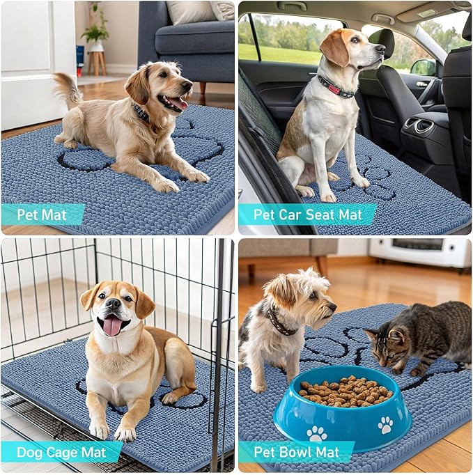 OLANLY Dog Door Mat for Muddy Paws 30x20, Paw Print Design, Absorbs Moisture and Dirt, Absorbent Non-Slip Washable Doormat, Quick Dry Chenille Mud Mat, Entry Indoor Entryway Carpet, Airy Blue