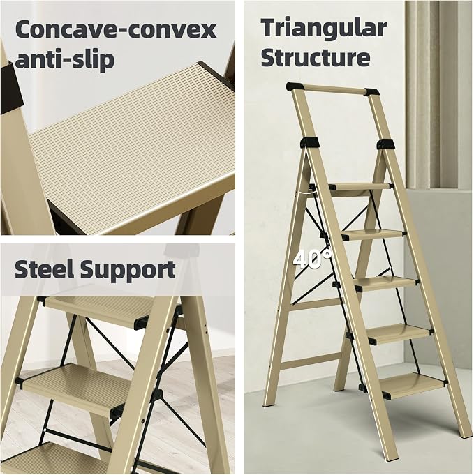 HillhutApex 5 Step Foldable Aluminum Step Ladder with Handgrip, Anti-Slip Pedal, 330 lbs Capacity, Lightweight & Portable for Home, Kitchen, Office, Garage (Gold)
