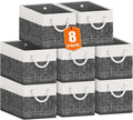 Fab totes Storage Bins 8-Pack, Foldable Storage Baskets for Organizing Toys, Books, Shelves, Closet, Large Storage Box with Rope Handles, Sturdy Organizer Bins, White & Black