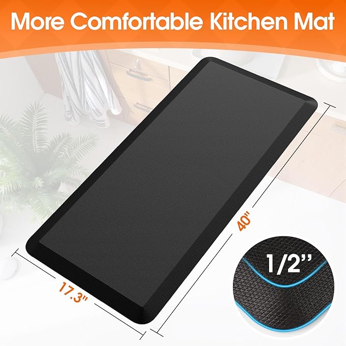 TranquilRelax Kitchen Mat, Cushioned Thick Floor Comfort Mat, with Non-Slip Bottom, Waterproof & Stain Resistant & Easy Clean, Standing Desk Mat for Kitchen, Sink, Office (17.3''x39'', Black)
