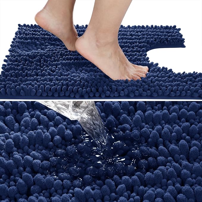 Yimobra Toilet Rug U Shaped Washable 24x24 Inch - Ultra Soft Absorbent Chenille Bath Rugs for Toilet, Quick Dry & Machine Washable, Non Slip Contour Bathroom Mat, Navy Blue