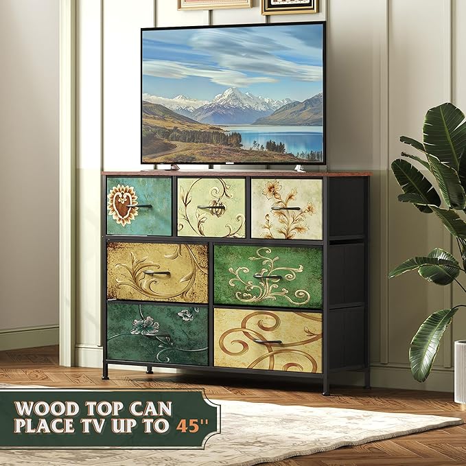 WLIVE 7 Drawer Dresser TV Stand, Entertainment Center, Media Console Table with Metal Frame and Wood Top for TV up to 45 inch, Chest of Drawers for Bedroom, Living Room, Floral Painted