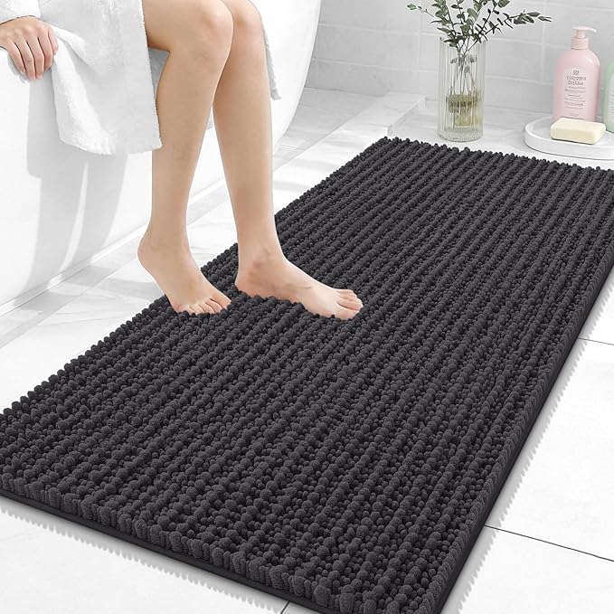 OLANLY Long Bathroom Rugs Runner 47x24, Thick Soft and Absorbent Chenille Bath Mat, Non-Slip, Machine Washable Quick Dry Bath Rugs for Tub Shower Floor, Home Decor Accessories, Dark Grey
