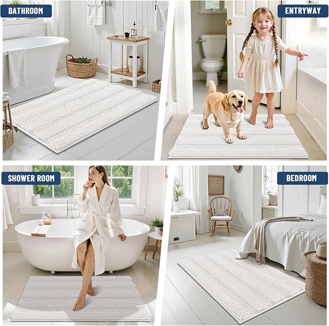 Grandaily Chenille Striped Bathroom Rugs 24x16, Extra Thick and Absorbent Bath Mats, Non-Slip Soft Plush Shaggy Shower Carpet, Machine Wash Dry, Bath Rug for Bathroom, (Small, Cream)