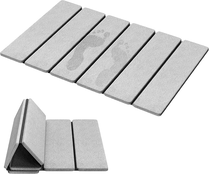 Luxspire Stone Bath Mat Foldable, Quick Drying Diatomaceous Earth Bath Mat for Bathroom, Large Bathroom Rug with Non-Slip Rubber Base, Stone Drying Mat for Kitchen Counter, 24 x 16 in, Light Gray