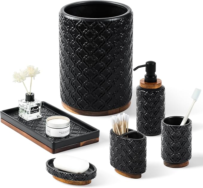 RQYIXI Elegant Bathroom Accessories Set 6 PCS Ceramic and Wood Bathroom Accessory Set Soap Dispenser Toothbrush Holder Tumbler Soap Dish Tray Trash Can Easy to Clean Quatrefoil Pattern Black