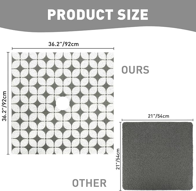 Square Shower Mat Non Slip: 36 x 36 Inch Extra Large Shower Mats with Drain Hole in Middle - PVC Loofah Anti Slip Shower Floor Matt for Inside Shower