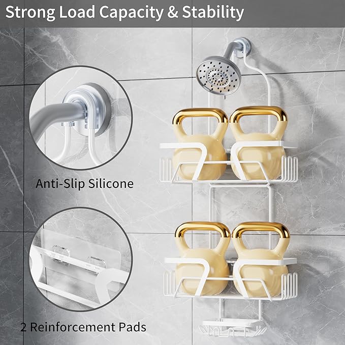 DAOYA White Shower Organizer Hanging - 2 Over The Shower Head Caddies + Soap Dish, Stainless Steel Rust-Free Bath Organizer