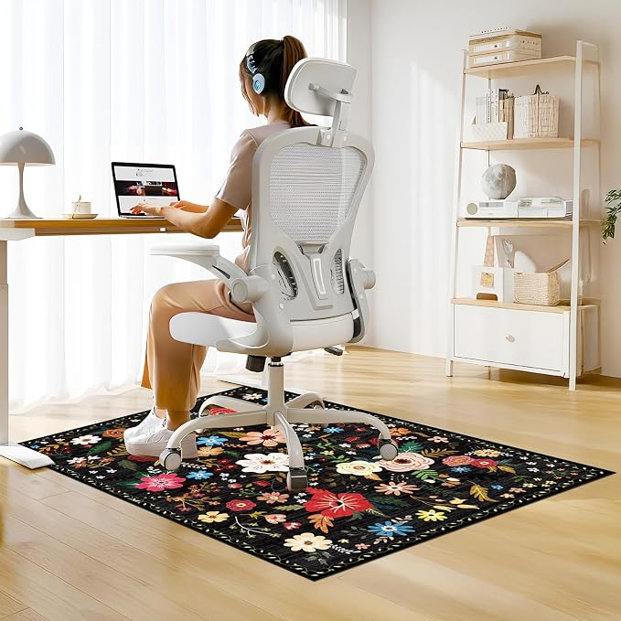Office Chair Mat for Hardwood Floor & Tile Floor,36"x48"Heavy Duty Desk Chair Mat for Hard Floors, Under Desk Rug for Rolling Computer Chair,Anti Slip,Low Pile Carpet Floor-Black Multicolor Flower