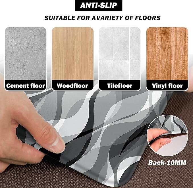 weesire Kitchen Mats for Floor Modern Abstract Kitchen Rugs Grey Stripe Anti Fatigue Kitchen Mats Waterproof Floor Mats Cushioned Non-Skid Standing Mats for Kitchen, Set of 2,17.3 x 28+17.3 x 47