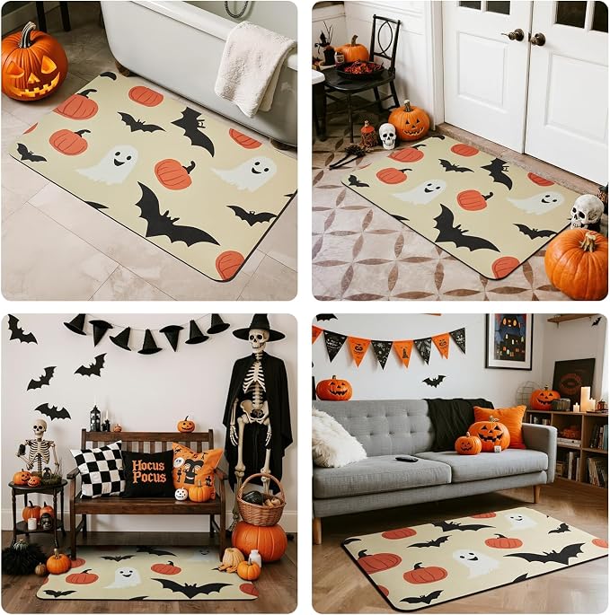 TYUU Halloween Bath Mat, Thin Bathroom Rug Non Slip Quick Dry Pumpkin Bath Mat Fits Under Door Thin Floor Mat Halloween Decor, 24''x36'', Pumpkins Bats and Ghost