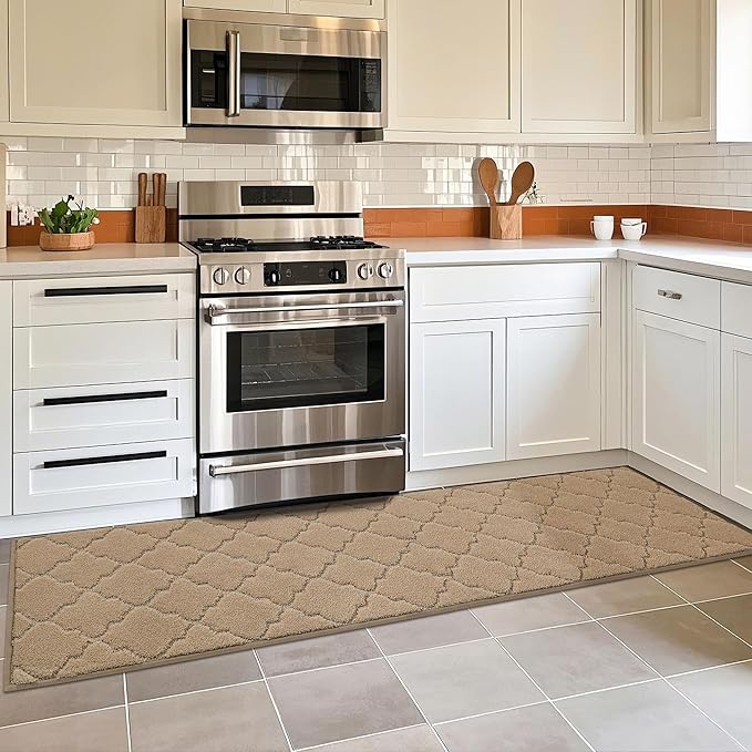 COSY HOMEER Soft Kitchen Floor Mats for in Front of Sink Super Absorbent Kitchen Rugs and Mats 20"x79" Non-Skid Kitchen Mat Standing Mat Washable,Polyester,Beige