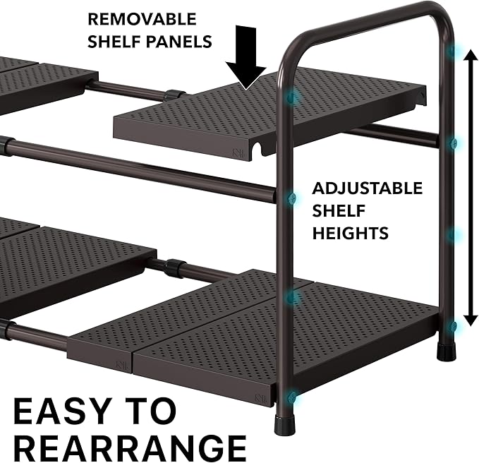 Simple Houseware Under Sink 2-Tier Heavy Duty Expandable Rack Organizer, Adjustable Width 15.75–25 Inches with 4 Shelf Height Levels, Bronze