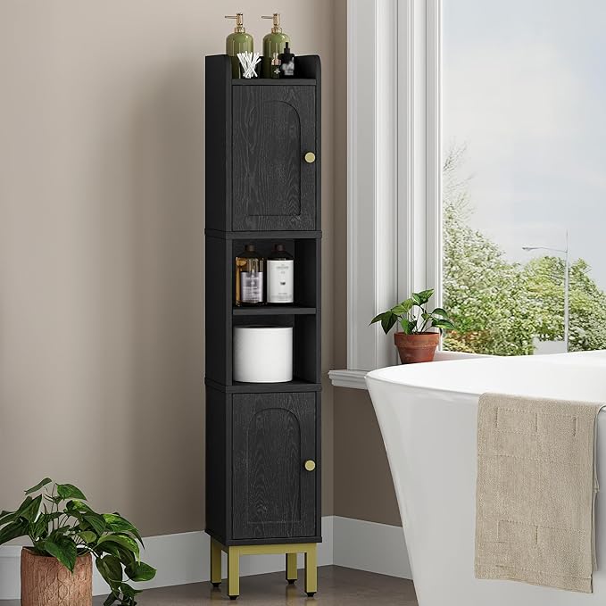 Hzuaneri Slim Bathroom Storage Cabinet, Narrow Bathroom Organizers and Storage with 4 Adjustable Feet, Laundry Room Organization for Small Space, Kitchen, Living Room, 2 Doors Black BC22404G