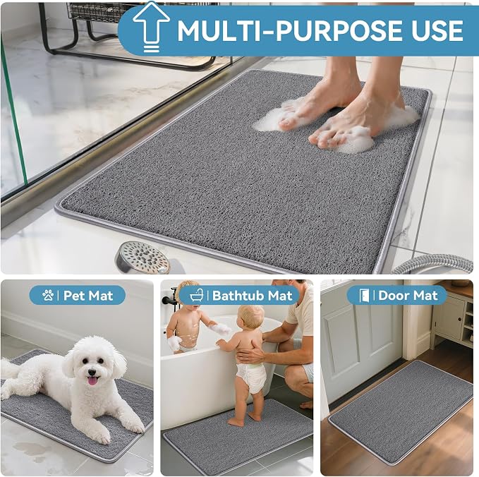 Non Slip Shower Mat Bathtub Mat 16x24 Inch, Quick Dry Bath Mat with Drain, Soft PVC Imitation Loofah Foot Scrubber Bath Mats for Bathroom Tub Shower Floor, Hangable & Hook Included, Gray