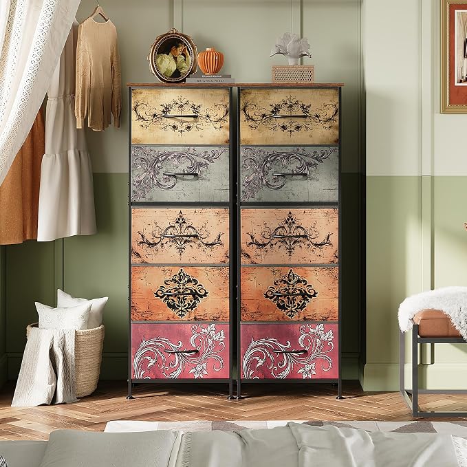 WLIVE Fabric Dresser, 5-Drawer Tall Dressers for Bedroom, Storage Dresser Organizer with Fabric Bins, Wood Top, Sturdy Steel Frame, Chest of Drawers for Closet, Hallway, Pattern