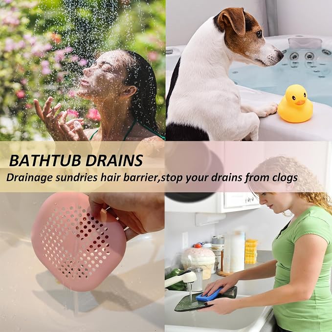 Hair Drain Catcher,Square Drain Cover for Shower Silicone Hair Stopper with Suction Cup,Easy to Install Suit for Bathroom,Bathtub,Kitchen 2 Pack (Pink)