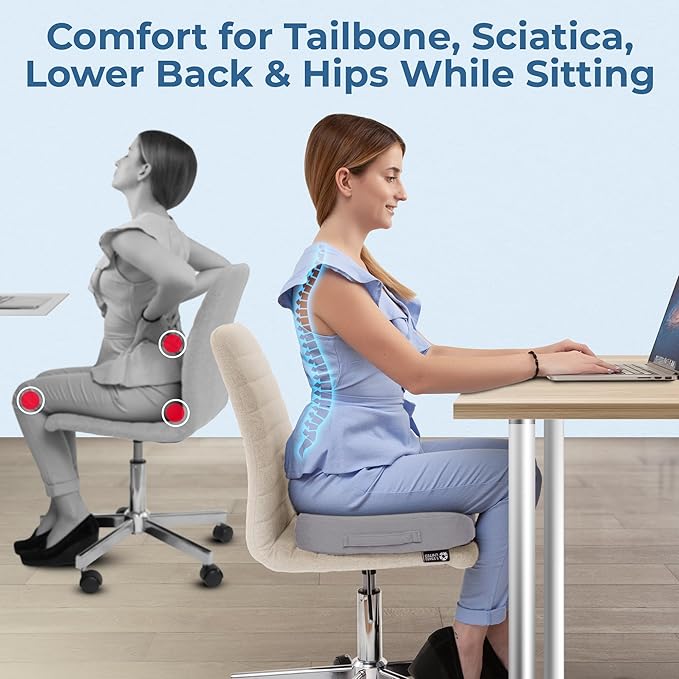 5 STARS UNITED Seat Cushion - Memory Foam Chair Cushion for Tailbone Pain Relief - Ergonomic Support for Coccyx, Sciatica & Butt - Office, Desk & Gaming Chair, Car Seat, Wheelchair, Airplane, L Gray