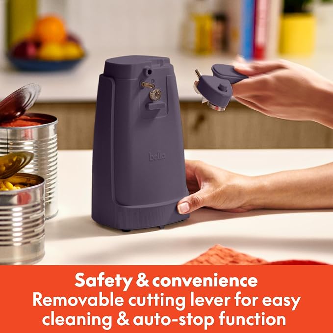 bella Electric Can Opener and Knife Sharpener, Removable Cutting Lever, Cord Storage, Stainless Steel Blade, Plum