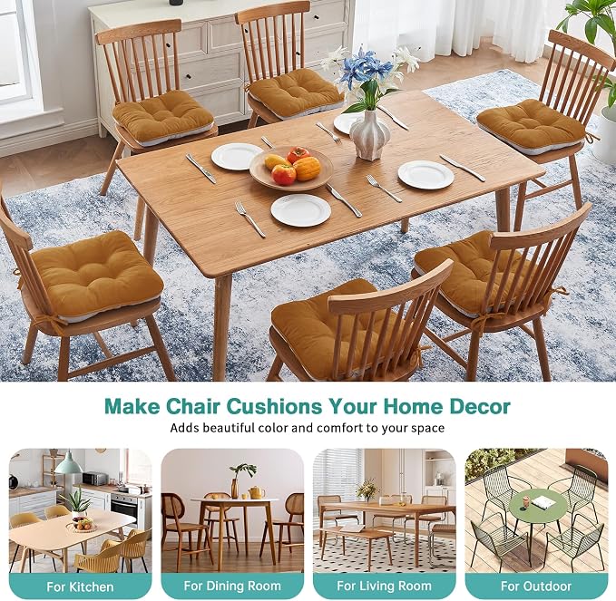 BETU Chair Cushions for Dining Chairs Set of 6,3.5" Thick Kitchen Table Chair Pads with Ties,Non Slip Backing and Covers, Seat Cushion for Dining Room,Bar,Patio Chairs,15.5"X15.5"X3.5",Caramel