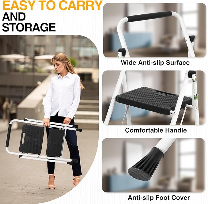 Step Ladder, Portable Steel Folding Step Stool with Wide Anti-Slip Pedal & Convenient Handgrip, Sturdy Steel Ladder, 2-Step, White