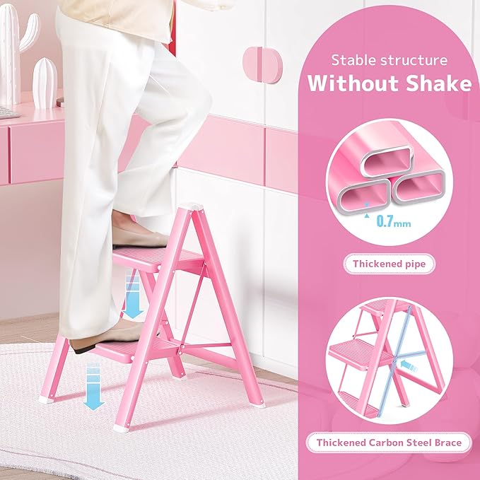 Pink 2 Step Ladder, Small Kitchen Step Stool for Adults, Widen 7.9Inch Pedal for Comfortable Use, Sturdy and Cute Step Ladder with Anti-Slip Foot, More Friendly to Women, 330Lbs Load