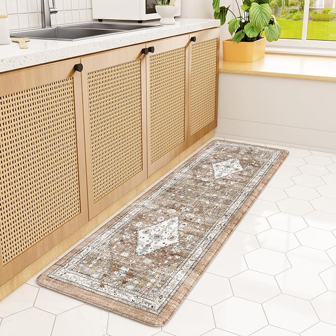 Collive Farmhouse Kitchen Mats, Cushioned Anti Fatigue Mats for Floor, Non Skid Waterproof Kitchen Rugs Cream/Brown Farmhouse Standing Desk Mat for Kitchen Sink, Laundry, Office-17.3" x 59"