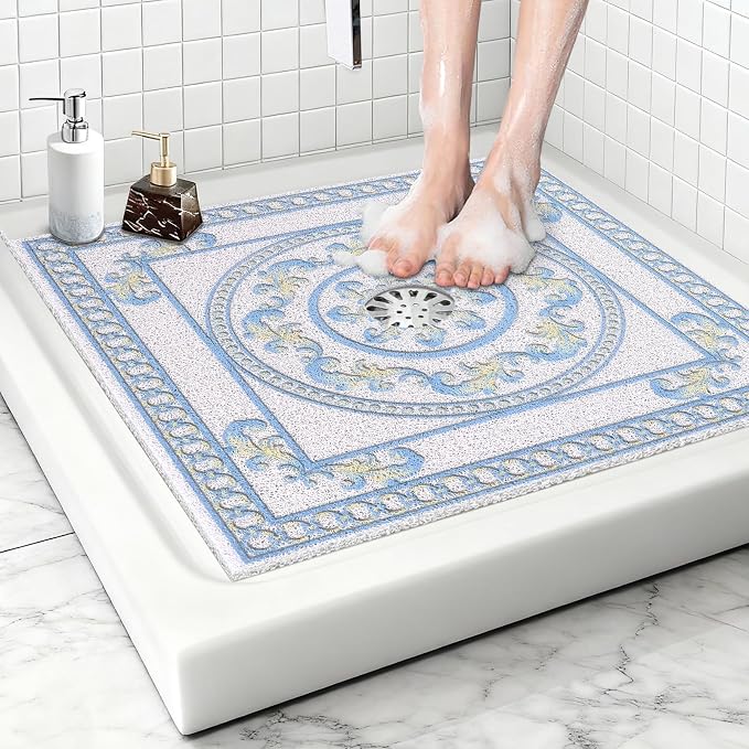 Square Shower Mat Non Slip: 32x32 Inch Extra Large Shower Mats with Drain Hole in Middle -Anti Slip Shower Mats for Inside Shower -Loofah Shower Floor Mat Bath Mat for Shower Stall Bathtub Elderly