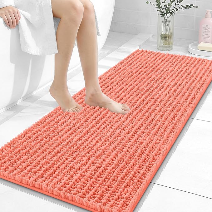 OLANLY Long Bathroom Rugs Runner 47x20, Thick Soft and Absorbent Chenille Bath Mat, Non-Slip, Machine Washable Quick Dry Bath Rugs for Tub Shower Floor, Home Decor Accessories, Coral