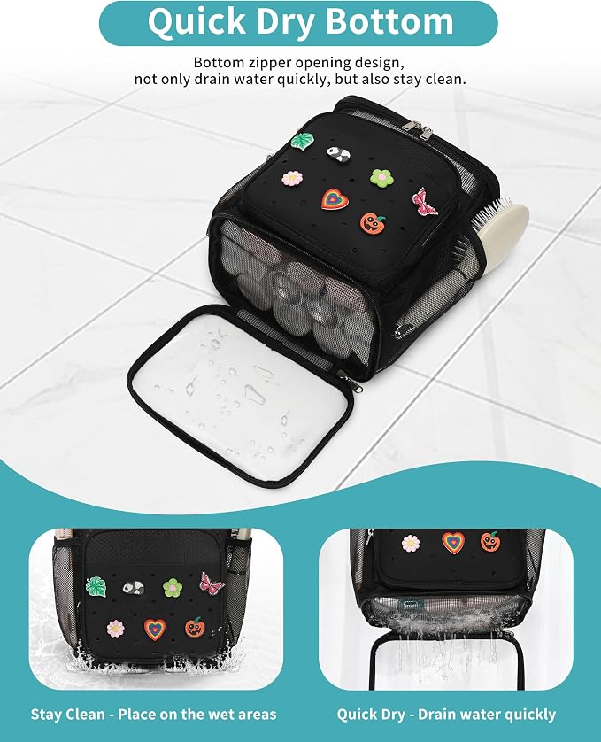 Shower Caddy Portable, Hanging Shower Caddy with DIY Decoration Charms for College Dorm Room Essentials, Quick Dry Shower Bag Mesh Toiletry Bag for Bathroom, Gym, Camping, Swiming, Beach, Traveling