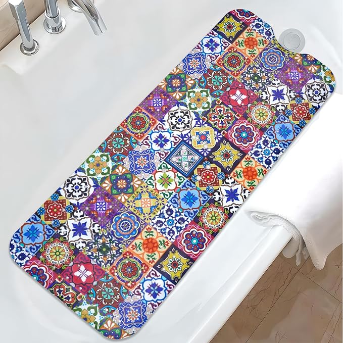 Boho Bathtub Mat Non Slip, Vintage Bath Tub Mat Baby Bath Mats for Bathroom Anti Slip Shower Mats for Inside Shower, Colorful Floral Bathmat with Suction and Drain Holes Machine Washable, 40″x16″