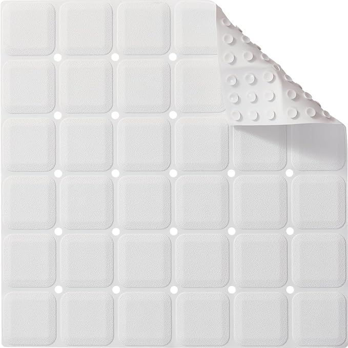 Webos Anti Slip Shower Mat for Tub & Shower Stall, 21" x 21" Square Silicone Bathtub Mat with Powerful Suction Cups, Fast-Draining, Machine Washable Soft Foldable Bathroom Mat, White