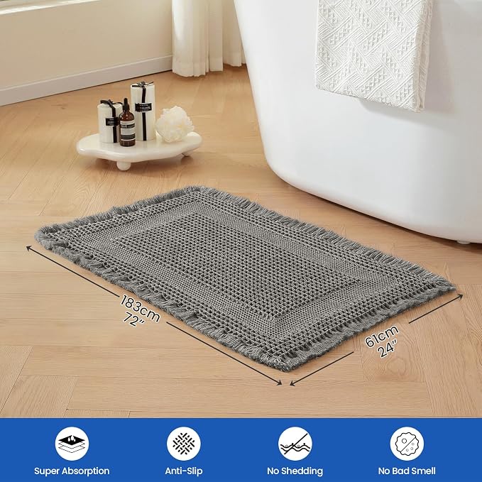 Waffle Bath Mat - Non Slip Bathroom Rugs - Washable Super Absorbent & Quick Dry Bath Mats with Tassels for Hallway Bedroom Laundry Room,24" x 72",Dark Gray