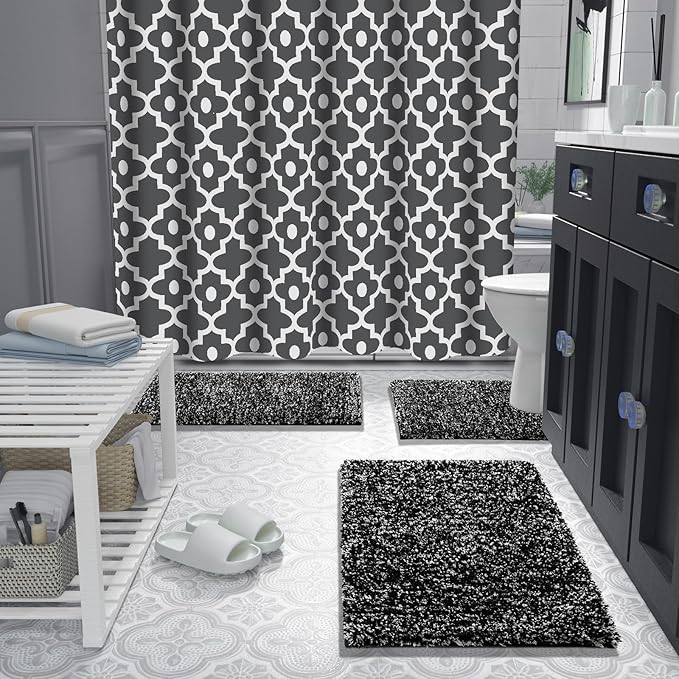Yimobra Bath Rugs for Bathroom 32X20, Ultra Soft and Water Absorbent Bath Mats, Non Slip Plush Shower Rugs, Microfiber Thick Matts for Bathroom Floor/Tub, Machine Washable, Home Decor, Black and White