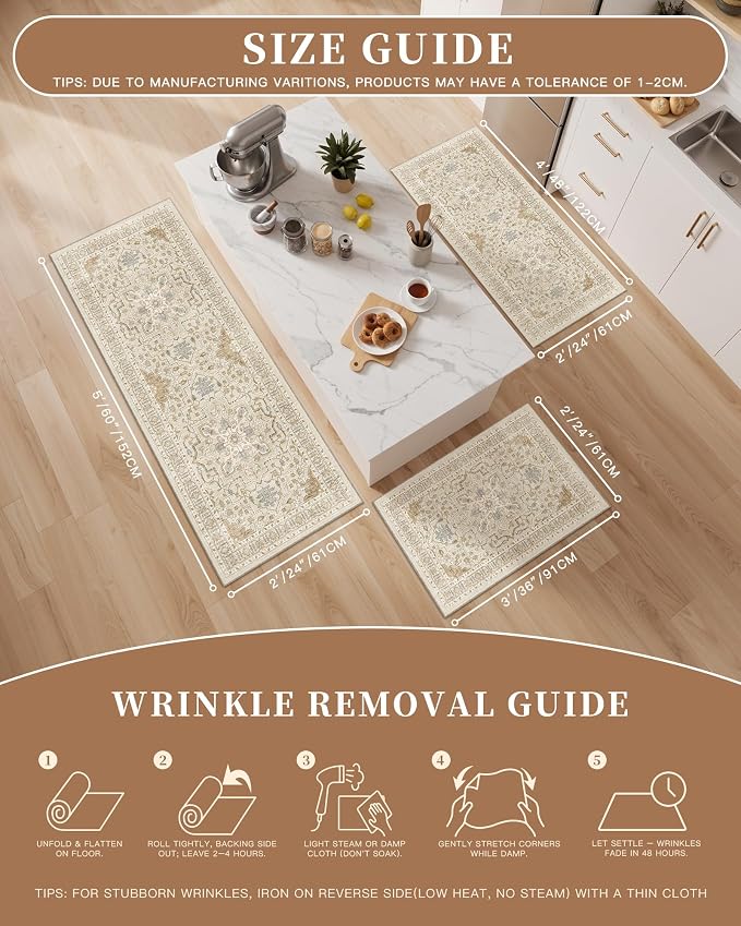Madane 2-Piece Kitchen Runner Rug Set, Small Area Rug Non-Slip Vintage Door Mat Indoor Entrance, Low Pile Floor Carpet for Inside Front Door Bedroom Entryway Entry Laundry (2x3+2x4, Beige/Blue)