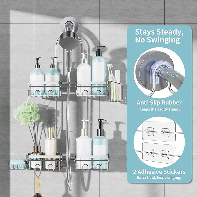 KEGII Shower Caddy Hanging for Handheld Showerheads, Rustproof Hanging Shower Organizer with Soap Dish, Toothbrush Holder and Hooks, Over Showerhead Caddy for Bathroom, Silver