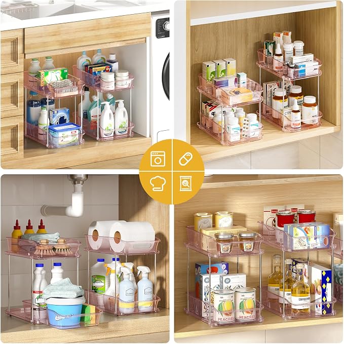 Delamu 2-Tier Under Sink Organizers and Storage, Multi-Purpose Stackable Bathroom Cabinet organizers, Pull Out Kitchen Pantry Organization and Storage with Dividers(2 Pack, Pink)