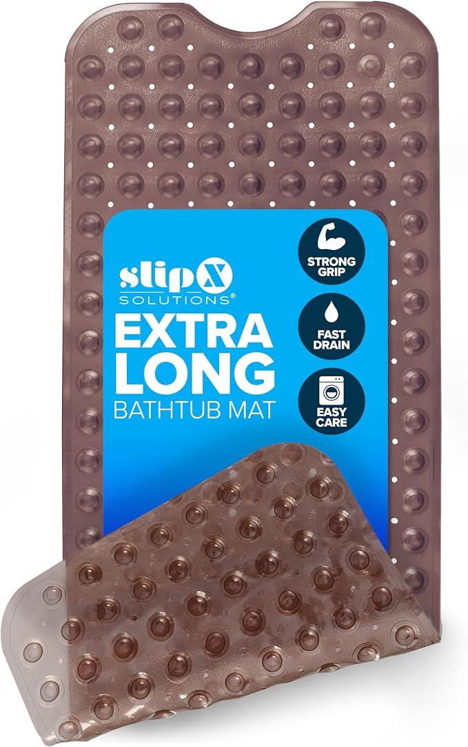 SlipX Solutions Power Grip Extra Long Bath Tub & Shower Mat 39x16, Wet Floor Non-Slip for Elderly & Kids Bathroom, 30% Longer Bathtub Mats, 200 Suction Cups, Drain Holes (1, Translucent Bronze)