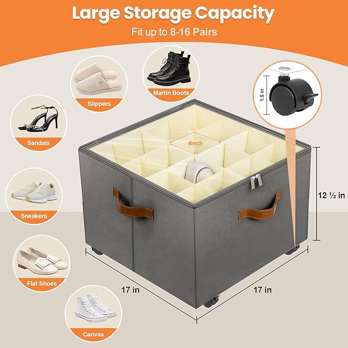 Foyego Shoe Organizer for Closet, 2 Pack Shoe Storage Organizer with Wheels and Adjustable Dividers, Stackable Shoe Storage Box with Clear Cover, Closet Shoe Organizer Fits up to 16-32 Pairs, Gray
