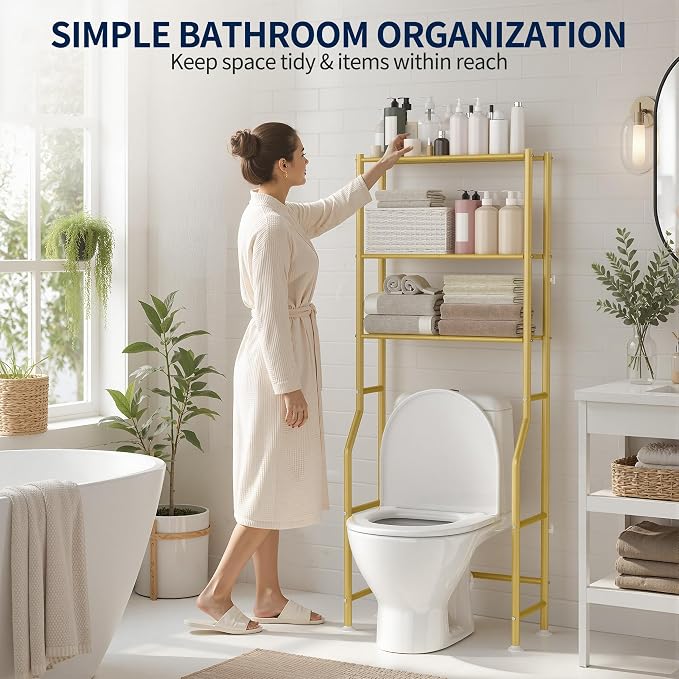 GloTika 3-Tier Over Toilet Storage Rack, Metal Over Toilet Bathroom Organizer Shelf, Freestanding Space Saver Storage Shelves for Bathroom/Laundry/Living Room (Gold)