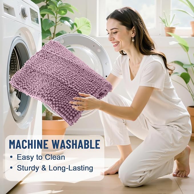 Grandaily Chenille Striped Bathroom Rugs 59x20, Extra Thick and Soft Absorbent Bath Mats, Rubber Backing, Plush Shaggy Shower Carpet, Machine Wash Dry, Bath Rug for Bathroom, Deep Plum