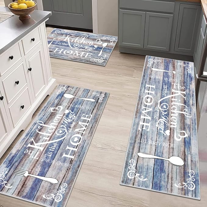 Vaukki Boho Kitchen Rug Sets 3 Pieces, Washable Kitchen Mats for Floor, Non Slip Soft Kitchen Area Rug Floor Mat for Kitchen, Laundry Room and Hallway (Blue and Brown, 20''x32''+20''x47''+20''x59'')