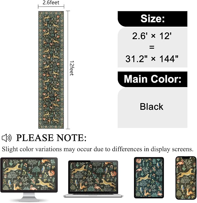 DUKINO 2.6x12 Hallway Runner Rug, Vintage Washable Loog Kitchen Rug with Non Slip Backing, Stain Resistant & Low Pile Animal Print Floor Carpet for Indoor Entrance Bathroom, Laundry, Bedroom, Black
