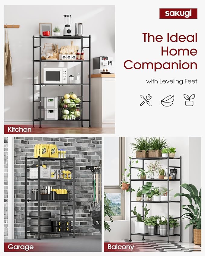 Sakugi Storage Shelves Organizer - 4 Tier Metal Shelf Organizer with Metal Wheels and Adjustable Leveling Feet, Heavy Duty Garage Shelving for Kitchen, Pantry and Closet, 33.1"x12.6"x58.9", Black