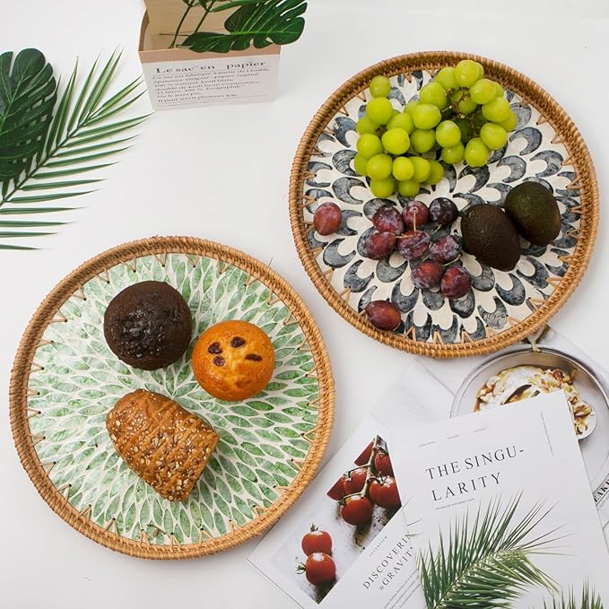 Round Rattan Tray with Mother of Pearl Inlay, Decorative Wicker Serving Tray with Wooden Base, Woven Basket Trays for Bread Fruits Coffee, Leaf