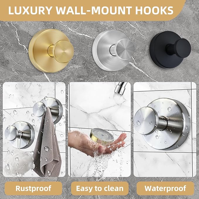 Suction Cup Shower Hooks for Inside Shower – 15 LB Heavy-Duty No-Drill Towel Hooks, Removable & Reusable for Towels, Robes & Loofah, Waterproof for Glass & Tile(4 Gold)