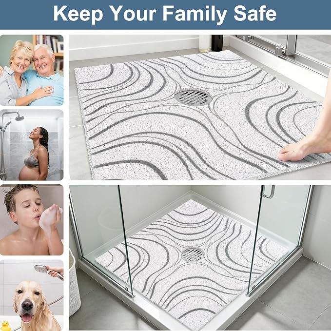 Square Shower Mat Non Slip: 24x24 Inch Extra Large Shower Mats for Inside Shower, Non Slip Shower Mat with Drain Hole in Middle- Anti Slip Shower Floor Mat, Loofah Shower Stall Mats for Elderly